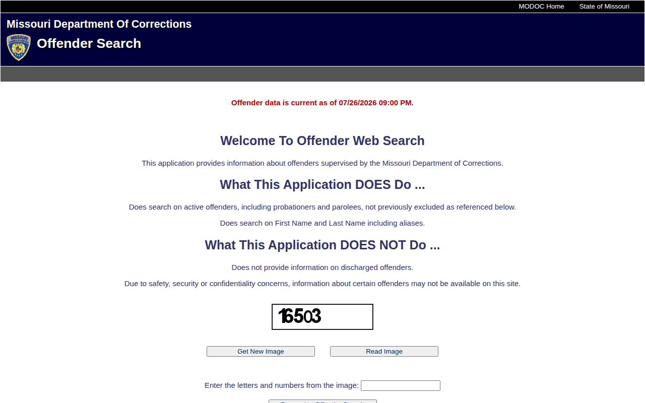 Missouri DOC active offender search and discharged-offender limitation