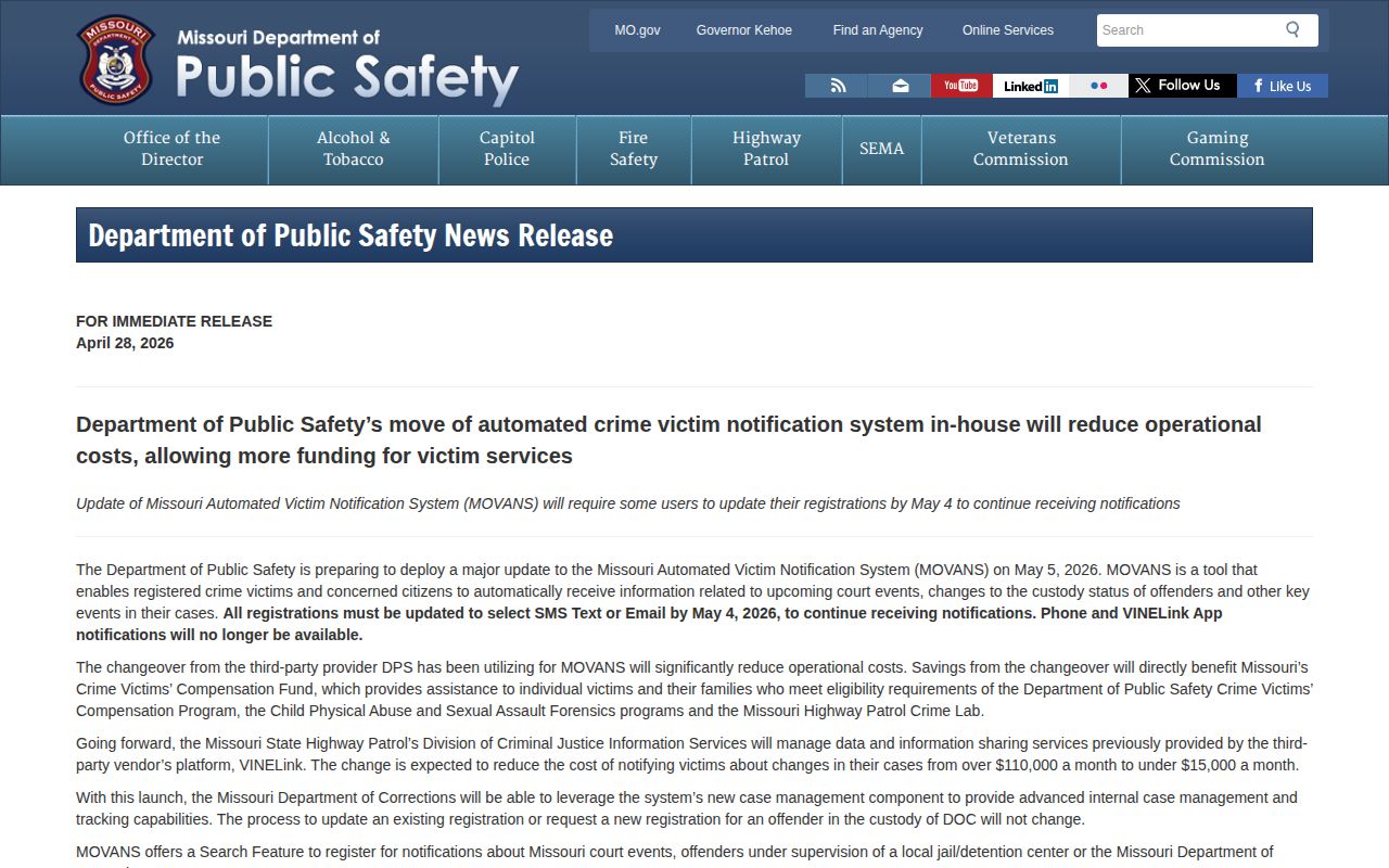 Missouri DPS notice describing the current MOVANS notification transition affecting Phelps County