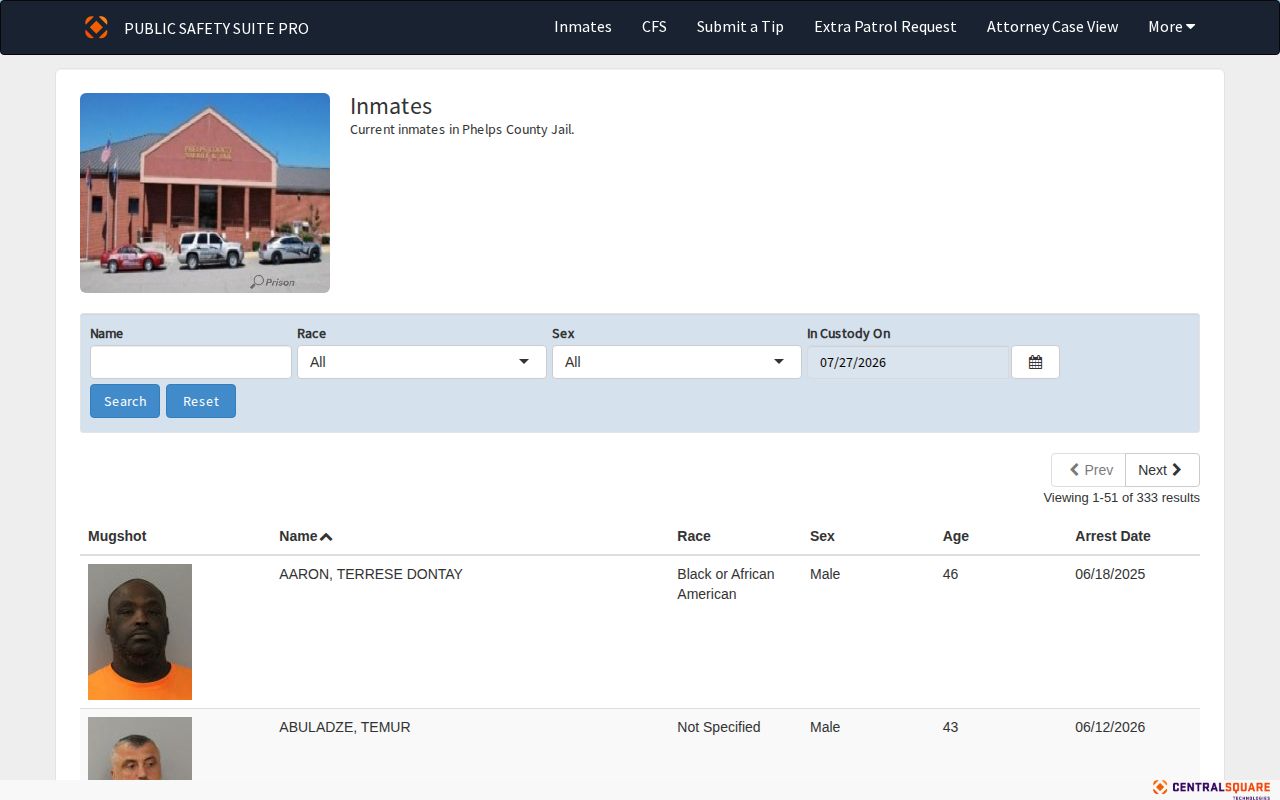 Phelps County current inmate portal with current-custody fields