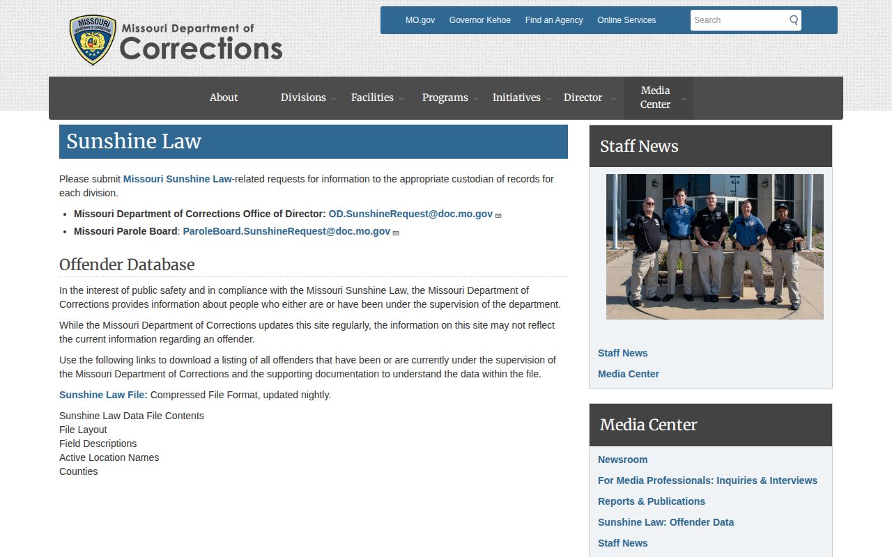 Missouri DOC Sunshine Law records page for historical offender information