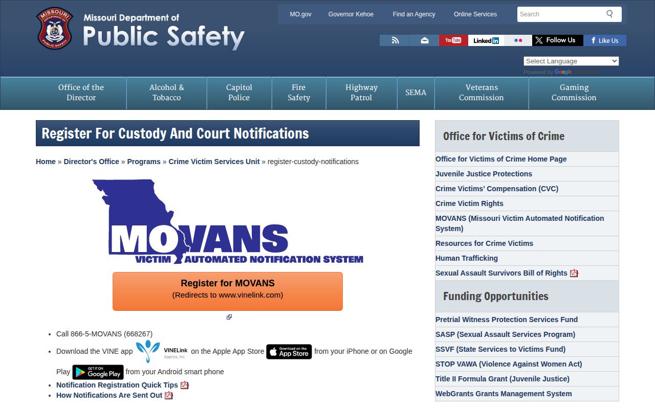 Missouri MOVANS custody-notification gateway used for Phelps County release alerts