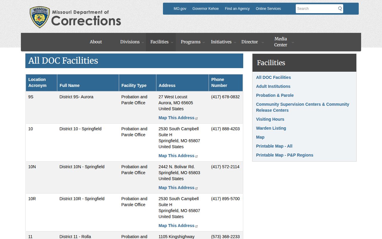 Missouri DOC directory listing for District 11 Rolla Probation and Parole