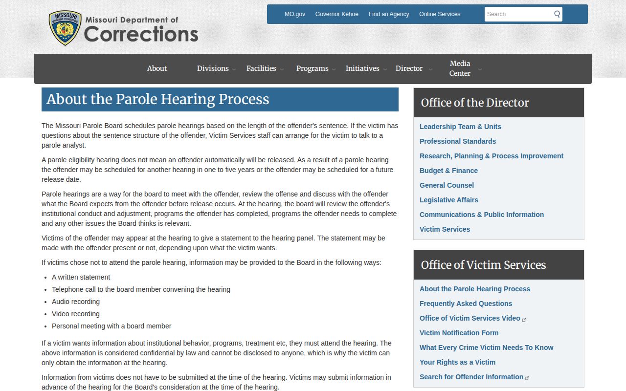 Missouri DOC parole hearing process and result timing page
