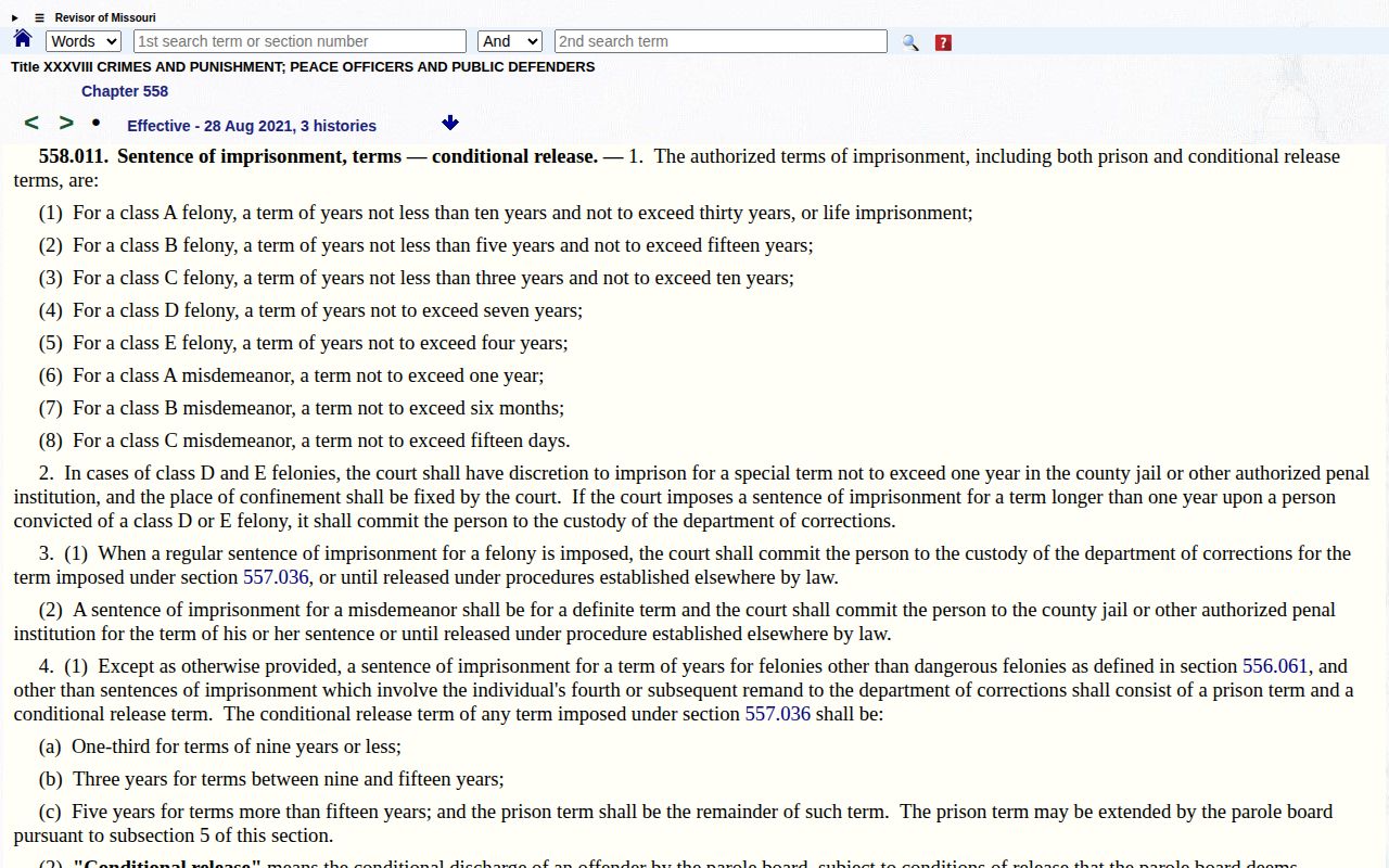 Missouri conditional release statute section 558.011