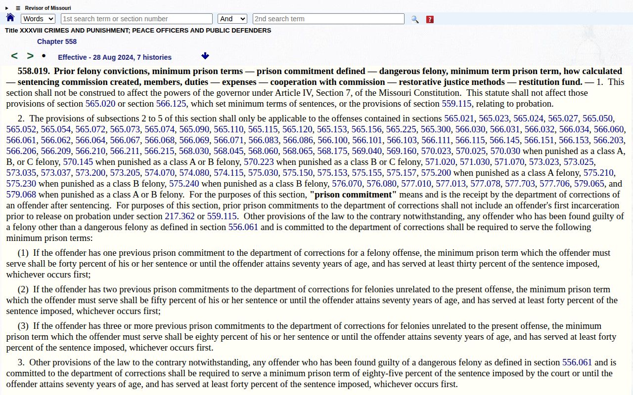 Missouri minimum prison term and dangerous felony statute section 558.019