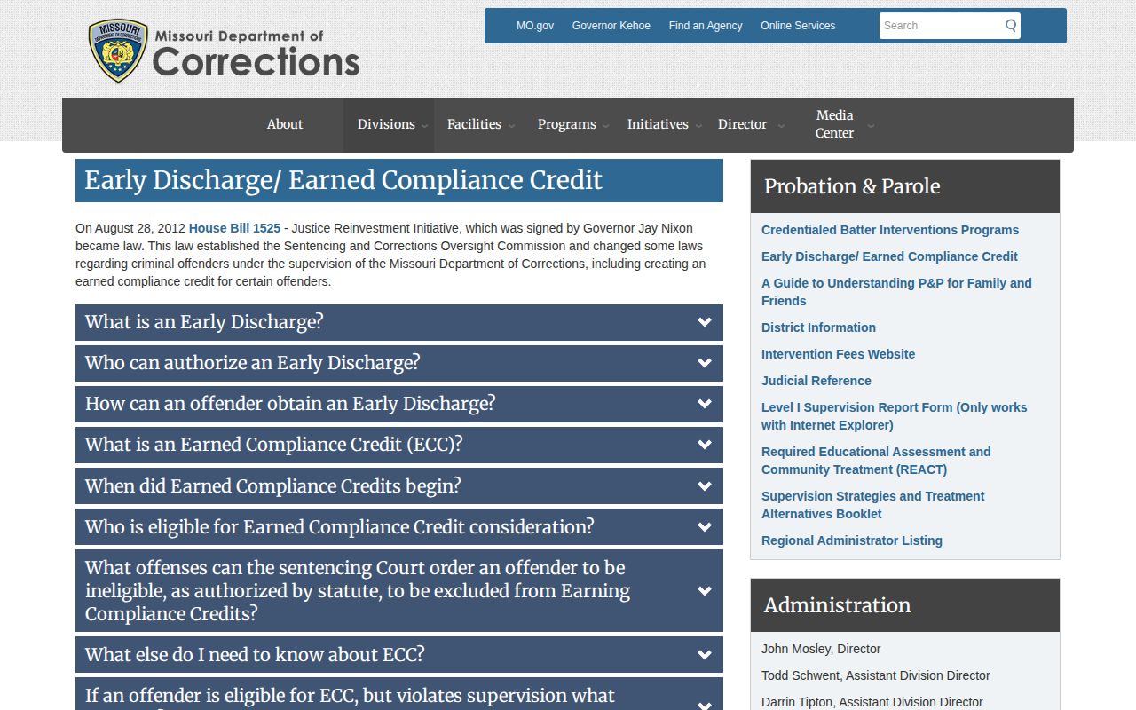 Missouri DOC earned compliance credit and early discharge page