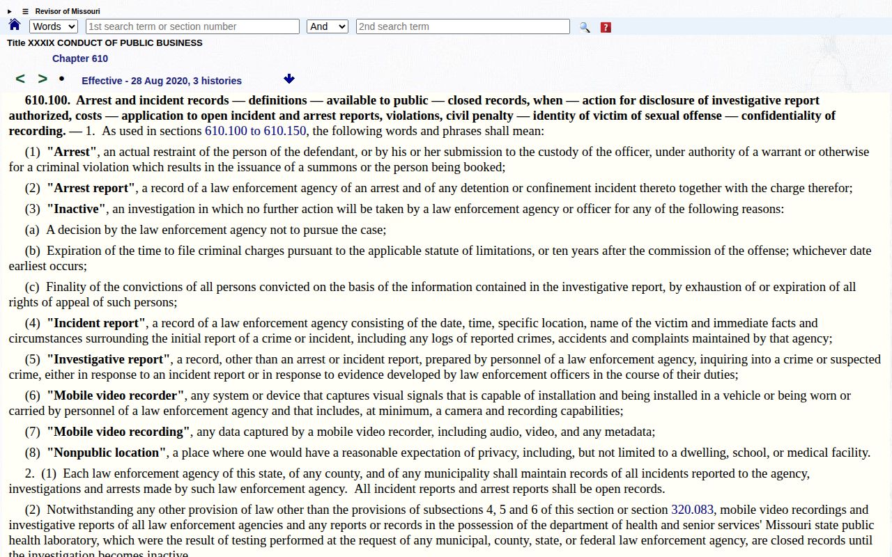 Missouri arrest and incident records statute section 610.100