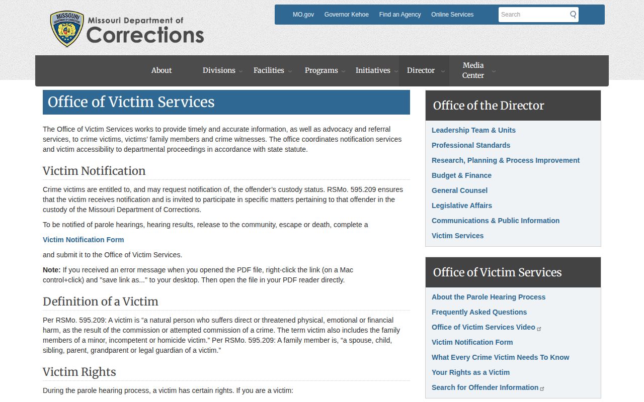 Missouri Department of Corrections Victim Services notification registration source for a Phelps County state prisoner